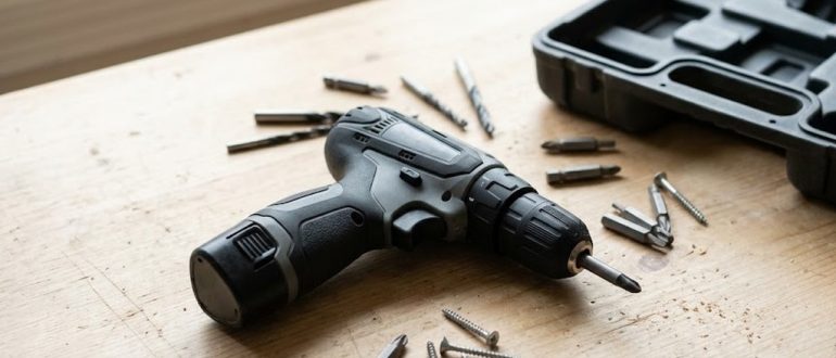 Аккумуляторный шуруповерт с набором бит на деревянном верстаке