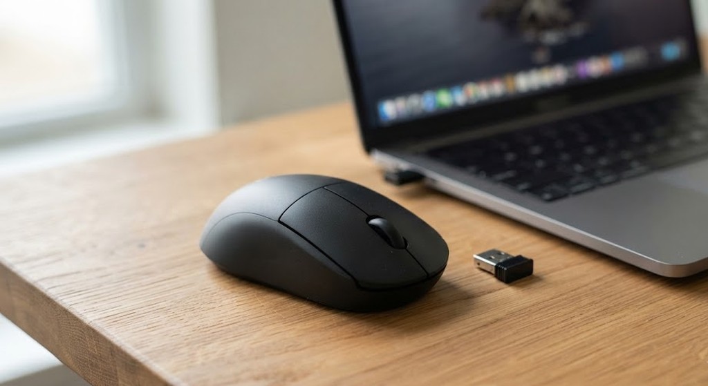 Беспроводная мышь и USB-приёмник на рабочем столе рядом с ноутбуком