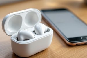 Беспроводные наушники в зарядном кейсе рядом со смартфоном на столе