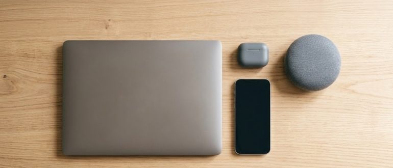 Ноутбук, смартфон, наушники и умная колонка на деревянном столе
