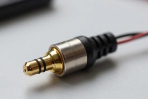 Разобранный штекер 3,5 мм с позолоченными контактами на рабочем столе