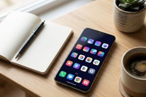 Смартфон на Android с набором приложений на рабочем столе