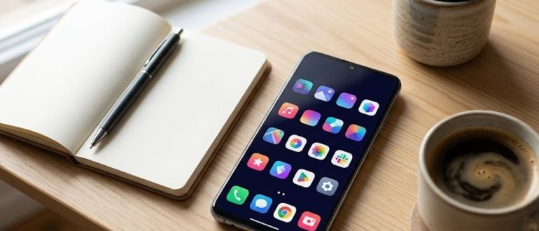 Смартфон на Android с набором приложений на рабочем столе