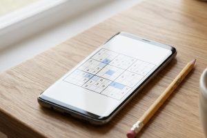 Смартфон на Android с наполовину решённой сеткой судоку на деревянном столе