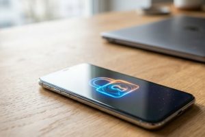 Смартфон с иконкой замка на экране на рабочем столе