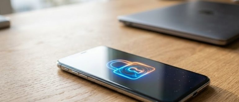 Смартфон с иконкой замка на экране на рабочем столе