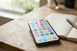 Смартфон с магазином приложений на рабочем столе