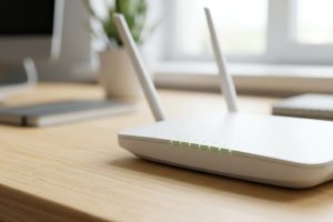 Современный Wi-Fi роутер с зелёными индикаторами на рабочем столе