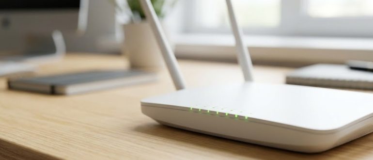 Современный Wi-Fi роутер с зелёными индикаторами на рабочем столе